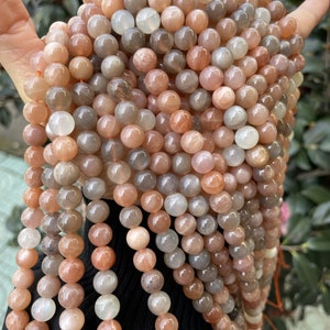 Genuine Multicolor Moonstone Beads,Natural Gray White Orange Smooth Sunstone Round Beads,15 Inches Strand