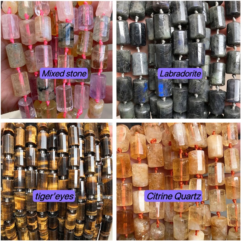 May include: Four strands of gemstone beads, each with a different color and pattern. The top left strand is a mix of clear, pink, and purple beads. The top right strand is gray and black. The bottom left strand is brown and gold. The bottom right strand is a light yellow color.