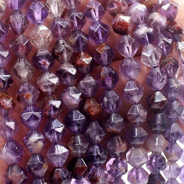 Natural Titanium Rutilated Amethyst Phantom Quartz faceted star cut diamond beads 6mm 8mm 10mm Amethyst Cacoxenite Quartz Beads, 15 inches