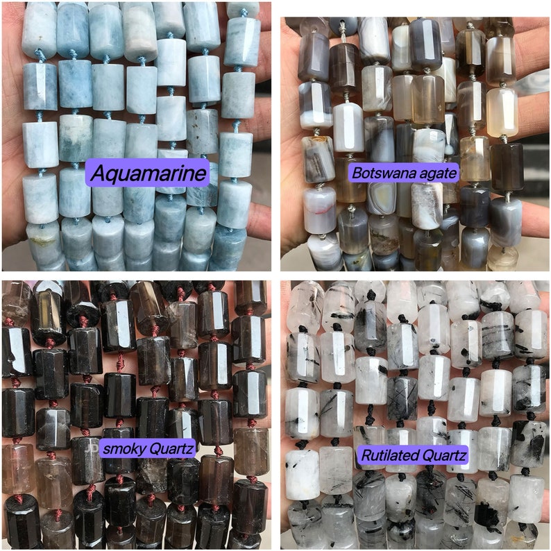 May include: Assortment of gemstone beads, including aquamarine, Botswana agate, smoky quartz, and rutilated quartz. The beads are all cylindrical and have a smooth, polished finish.