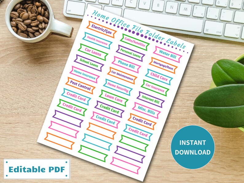 Home Office File Folder Labels EDITABLE Printable Organization Colorful