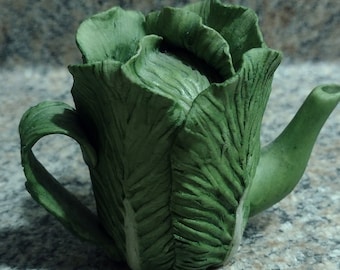 Green Cabbage Miniature, Porcelain, Teapot, Vintage