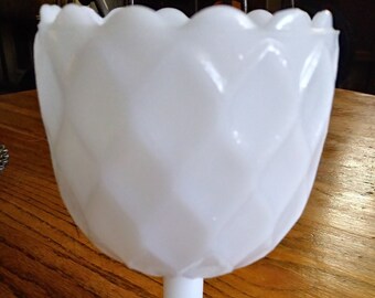 May include: White milk glass vase with a textured, ruffled design. The vase has a wide, round base and a tall, slender stem.