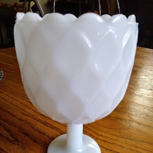 Vintage Milk Glass Pedestal Planter, Candy Bowl with Fish Scale Finish