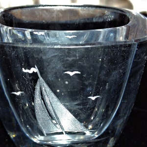 Vintage Strombergshyttan Art Glass from Sweden, Sailboat etched art glass
