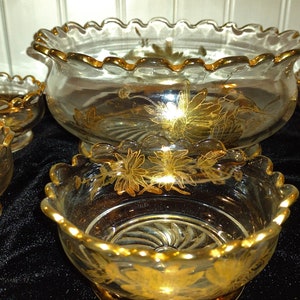 Vintage Clear Glass Bowl set with Gold Motif One Large Serving Bowl with Five Smaller Bowels
