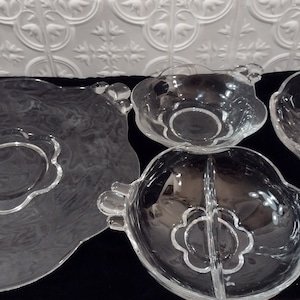 4 Pieces of Duncan and Miller Vintage Glassware/Nappy Bowls, Divided  Bowl/Sandwich Plate/Vintage Glass