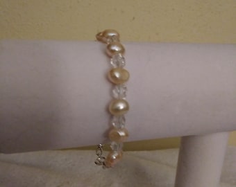 Handmade 7 inch Pearl and Crystal Bracelet with Sterling Silver Clasp