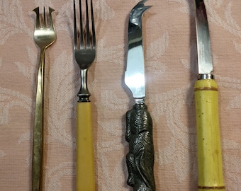 Vintage Hors D' Oeuvres serving pieces, Bakelite, Bamboo, Pickle fork, and Cheese Knives