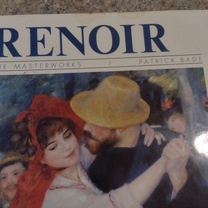 May include: A book cover featuring a painting of a couple dancing. The man is wearing a straw hat and a dark blue shirt. The woman is wearing a red scarf and a white blouse. The title of the book is "Renoir: The Masterworks" by Patrick Bade.