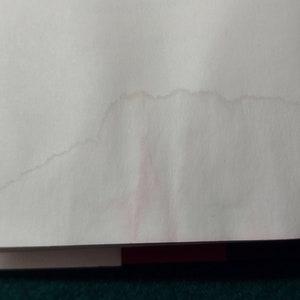 May include: A close-up of a white surface with a faint, irregular water stain. The stain is a light brown colour and appears to be in the shape of a mountain range.