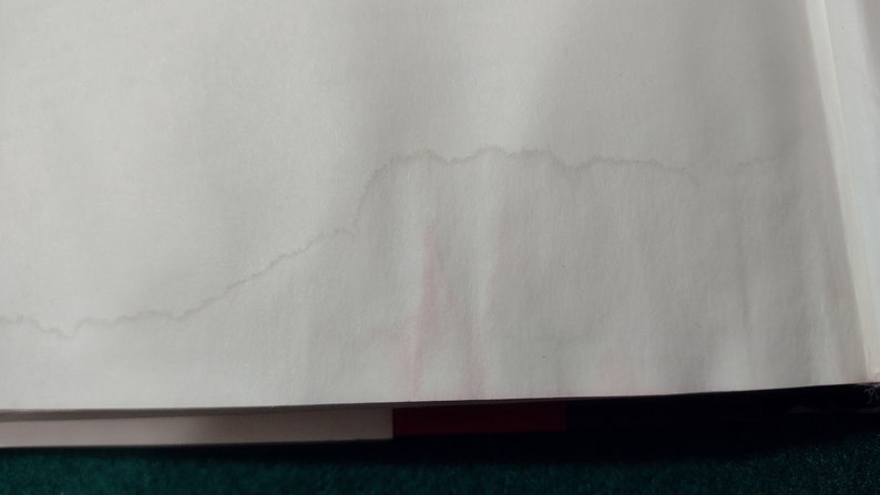 May include: A close-up of a white surface with a faint, irregular water stain. The stain is a light brown colour and appears to be in the shape of a mountain range.