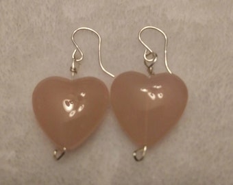 Pink Heart Dangle  Earrings with Sterling Silver Ear Wires