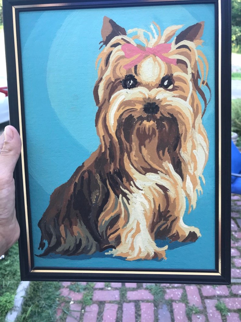vintage paint by number shag dog shih tzu pair framed