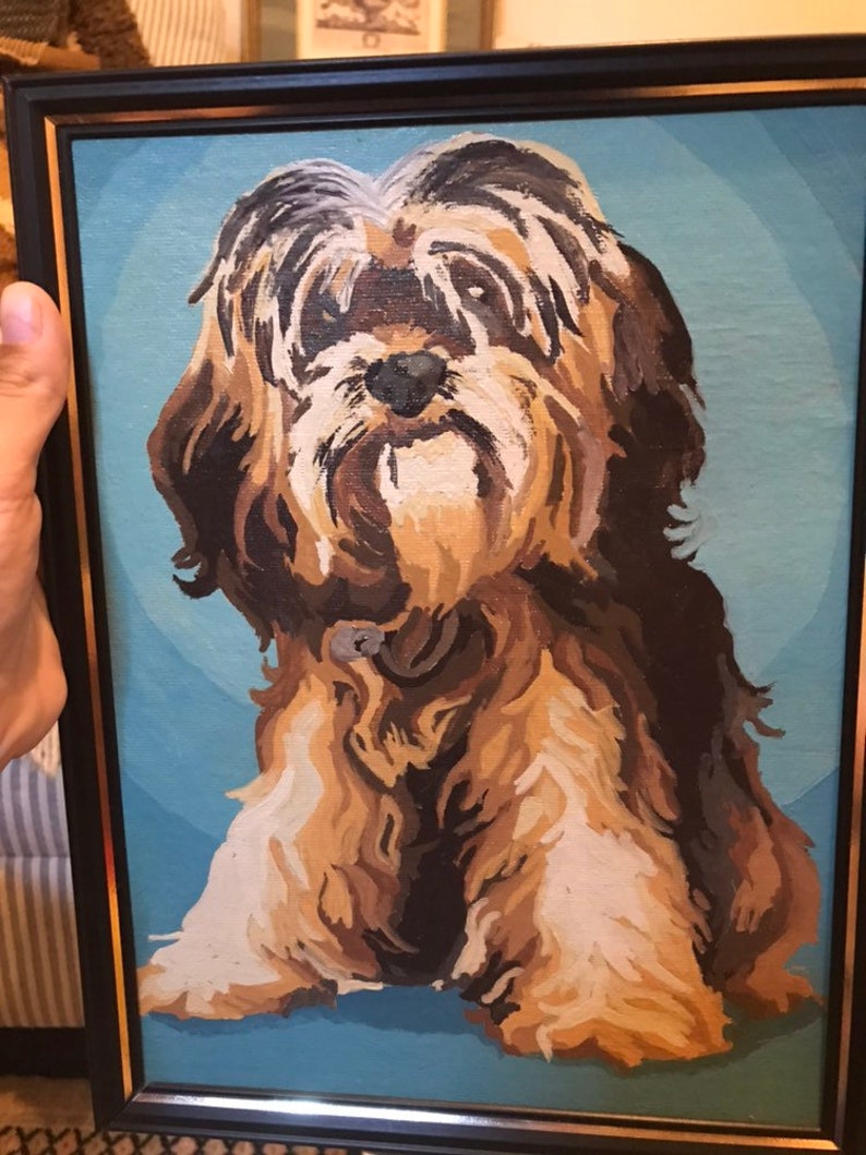 vintage paint by number shag dog shih tzu pair framed