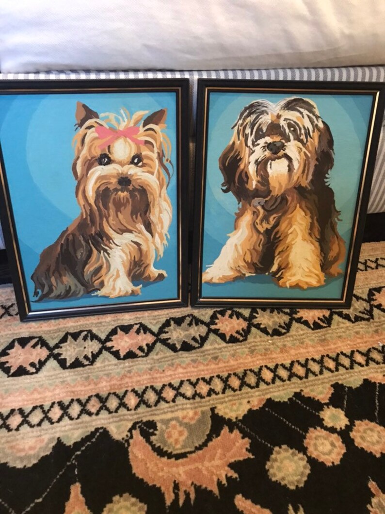 vintage paint by number shag dog shih tzu pair framed