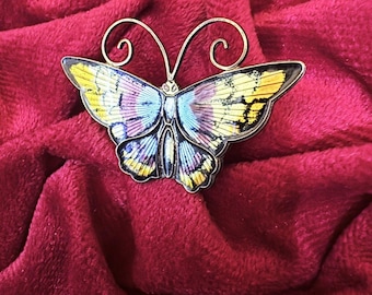 Broche de mariposa vintage David Andersen Noruega 925, naranja, amarillo, morado y azul.