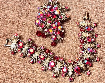 Pulsera y broche vintage Coro Red AB de 7,5 x 1 pulgada, pulsera de 2,8 x 1,78, broche