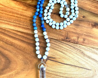 Lapis Magnesite Mala Pendant Necklace | lapis lazuli necklace, 108 mala beads necklace, wrist wrap mala, gemstone mala necklace, 8mm bead ma