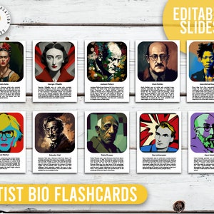 Fiches biographiques de l'artiste • 21 cartes flash d'éducation artistique modifiables • Leçon imprimable à télécharger
