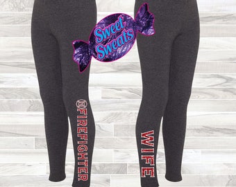 Firefighter Wife Red Glitter Elastic Wast Band Leggings for Sport Workout Pants Exercise Pants for Spouse of a Fireman True Heroes