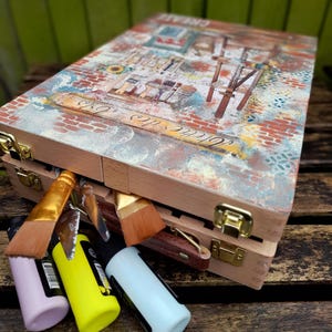 Hand-Decorated Portable Easel Box – Decoupage Artist Case, Wooden Travel Sketchbox with Storage,Artist gift