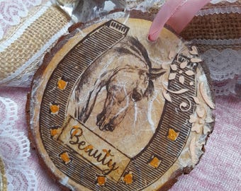 Lucky Horseshoe Horse Ornament, handmade Horse Lover Gift | Rustic Wood Slice Hanging Decor | Good Luck Charm | Farmhouse Horse Decor