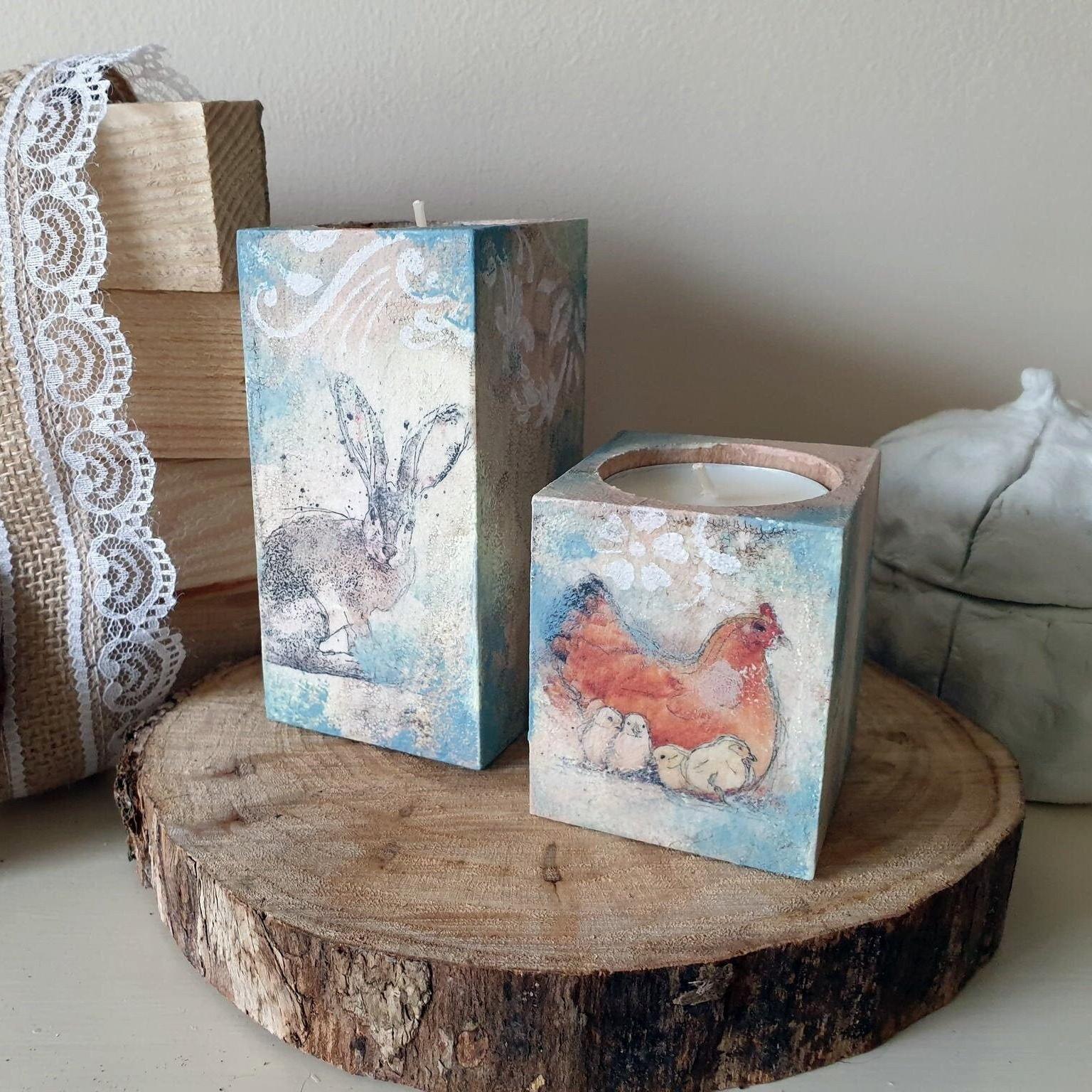 ヴィンテージイースターキャンドルホルダーセット：素朴な農家風動物