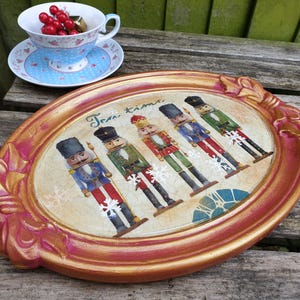 Nutcracker Christmas Tray – Vintage Wooden Tea Tray,Oval or Octagon Shape,Red Crackled Festive Décor, Holiday Gift for Her