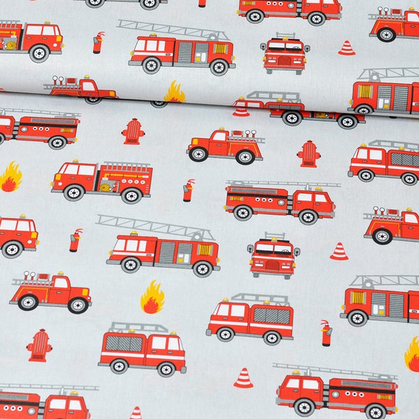 Tissu en coton pour enfants camions de pompiers - Tissu écologique pour camions de pompiers