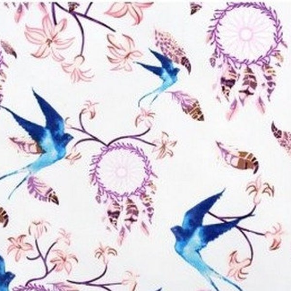 Cotton Fabric,Dream catcher with a blue swallow , Dreamcatchers Fabric, Birds Fabric,Boho Fabric, Fabric by the Yard-Half Yard