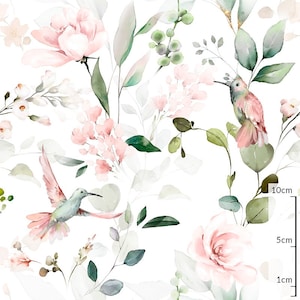 Tessuto di cotone premium con motivo floreale ad acquerello, tessuto floreale, tessuto floreale vintage, cotone con rose e foglie di eucalipto, larghezza 160 cm/63 pollici