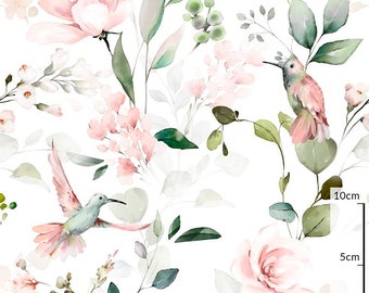 Blumen-Aquarell-Premium-Baumwollstoff, Blumenstoff, Vintage-Blumen, Rosen, Eukalyptusblätter, Baumwolle, Breite 160 cm