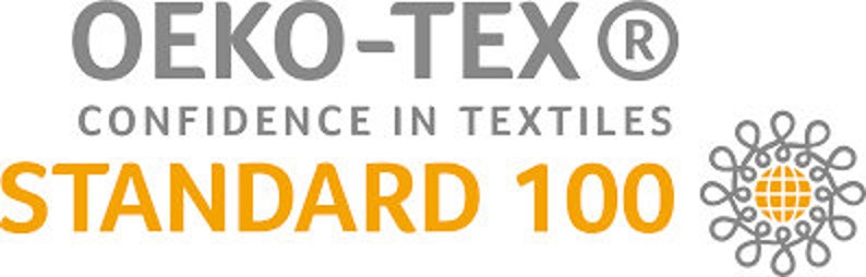 May include: Gray and yellow logo with the text "OEKO-TEX&reg; CONFIDENCE IN TEXTILES STANDARD 100". The logo features a stylized gray circle with a globe inside.