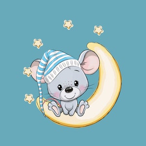 Maus und Mond bedrucktes Stoff-Panel, Panel zum Nähen, Jersey-Panel, Maus-Jersey-Stoff-Panel, Hoodie-Panel, Größe 40x50 cm / 15x19 in
