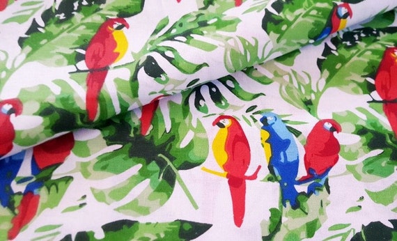 SALE Cotton Fabric,Cotton Fabric, Tropical Fabric, Colorful Parrots Fabric, Parrots Fabric,Bird Fabric, Fabric by the Yard-Half Yard