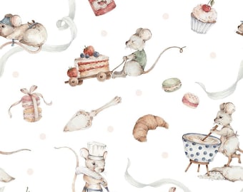 Mouse Premium Cotton Fabric,Animal Cotton Fabric,Mice Baby Nursery Cotton,Cooking Fabric,Chef Kitchen,Half yard/half metre,Width 160cm /61"