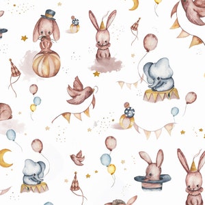 Könnte beinhalten: Ein nahtloses Muster mit Aquarell-Illustrationen von niedlichen Tieren, darunter Hasen, Elefanten und Vögel, in einem fantasievollen Zirkus-Thema. Das Muster enthält Sterne, Ballons und Flaggen, alle in zarten Pastellfarben.