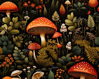 Mushrooms Premium Cotton Fabric-Woodland Fabric-Forest Mushrooms On Black Background-Magic Forest Eco Friendly Cotton 100%