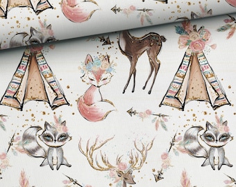 Bosvrienden, bosstof, bohoprint premium katoenstof, katoenen stof dieren, bohomeisjesstof, halve werf/halve meter, breedte 155 cm/61"