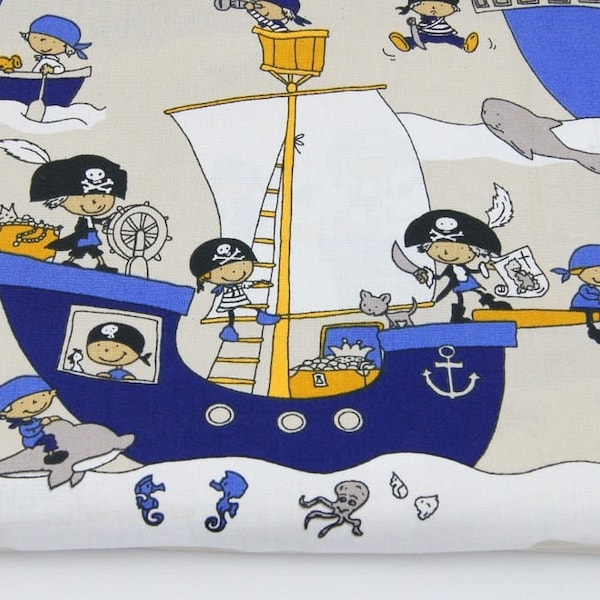 Tissu courtepointe en coton Pirates-Bébé garçon-Bateau pirate-Aventures en mer-Tissu en coton pour chambre d'enfant