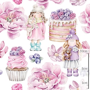 44 CM -Baby Girl Premium cotton fabric-Food Fabric/Girl Doll Cake Cupcakes Flowers on white background Modern Nursey width:155 cm/61 in
