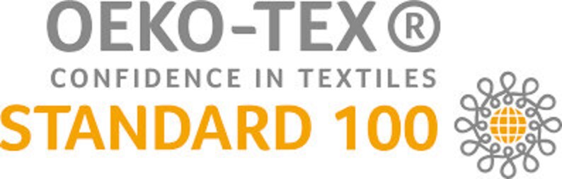 May include: Gray and yellow logo with the text "OEKO-TEX&reg; CONFIDENCE IN TEXTILES STANDARD 100". The logo features a stylized gray circle with a globe inside.