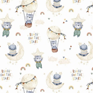 Tessuto a forma di orso, tessuto di cotone premium con stampa digitale, tessuto di cotone per la cameretta dei bambini, mongolfiere, orso con palloncini, stelle arcobaleno, larghezza 155 cm / 61"