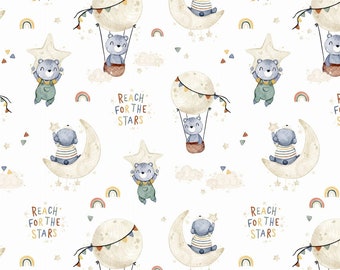 Tessuto a forma di orso da 35 cm, tessuto di cotone premium con stampa digitale, tessuto di cotone per la cameretta dei bambini, mongolfiere, orso con palloncini, stelle arcobaleno, larghezza 155 cm / 61"