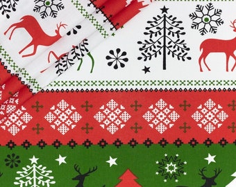 May include: Red and green Christmas fabric with a repeating pattern of snowflakes, reindeer, and Christmas trees. The fabric has a white background with red and green accents.