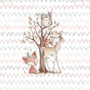 May include: A watercolor illustration of a deer, fox, squirrel, and owl in a woodland setting. The animals are wearing feathers and beads, giving them a bohemian look. The background is a light pink and blue chevron pattern.