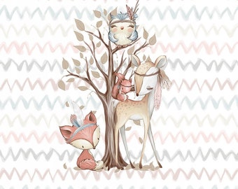 May include: A watercolor illustration of a deer, fox, squirrel, and owl in a woodland setting. The animals are wearing feathers and beads, giving them a bohemian look. The background is a light pink and blue chevron pattern.