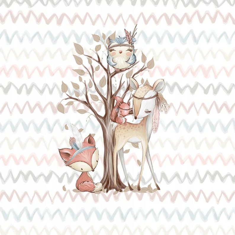 May include: A watercolor illustration of a deer, fox, squirrel, and owl in a woodland setting. The animals are wearing feathers and beads, giving them a bohemian look. The background is a light pink and blue chevron pattern.