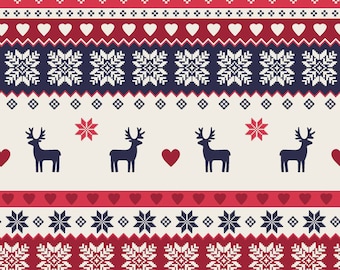 May include: A seamless pattern featuring a red and white Scandinavian-style Christmas design. The pattern includes reindeer, snowflakes, hearts, and stars. The background is white.